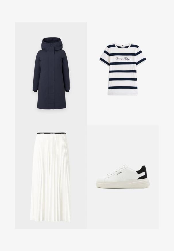 Námornícky modrý parka kabát s vysokým golierom, veľkou kapucňou, dlhými rukávmi a skrytým predným zipsom. Obsahuje bočné vrecká a elastické manžety.; Bavlnené tričko s horizontálnymi námorníckymi pruhmi na bielom pozadí. "Tommy Hilfiger" vyšívané kurzívou na hrudi. Okrúhly výstrih.; Plisovaná biela sukňa s čiernym elastickým pásom s logom "LACOSTE". Sukňa je stredne dlhá a má mäkkú textúru.; Biele kožené tenisky s hrubou bielou podrážkou, čiernym zamekom na päte a vyrazeným logom na boku. Šnurovací dizajn so šiestimi očkami.