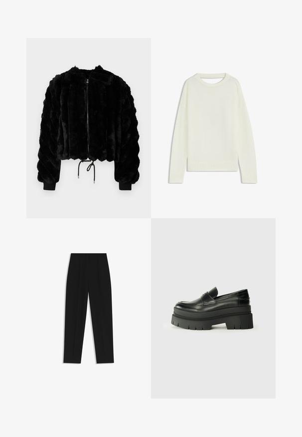 Chaqueta corta de piel sintética negra con cremallera frontal, puños acanalados y dobladillo con cordón. Tejido texturizado en un diseño acolchado y con rayas.; Suéter de color crema claro con cuello redondo, mangas largas, dobladillo acanalado y una textura suave. Sin patrones ni detalles de hardware visibles.; Pantalones negros de corte recto, con doble pinza, textura suave y un diseño de cinturilla clásica. Sin hardware o acentos visibles.; Mocasines de cuero negro con suela de plataforma contundente. Punta redondeada, detalle de costura en la parte delantera y sutiles acentos de costura. Suela plana y texturizada.