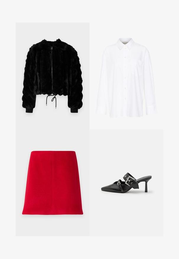 Svart fuskepels cropped jakke med glidelås foran, ripede mansjetter og snøring i kanten. Teksturert stoff i en puffy, stripet design.; Hvit langermet skjorte med krage laget av bomull. Den har en knappestolpe foran og en enkelt brystlomme. Glatt tekstur og avslappet passform.; Rød mini skjørt laget av teksturert stoff med rette linjer. Designet har en sømløs front og rene linjer uten pynt.; Svarte høye hælsandaler med spiss tå, laget av glatt lær. Har et bredt ankelbelte med firkantet sølvspenne og nagler.