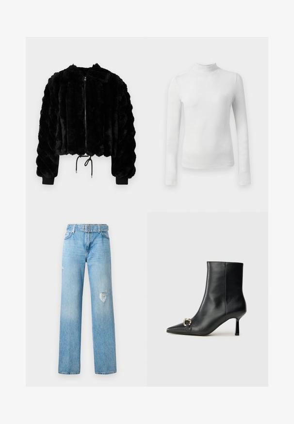 Black faux fur cropped jacket with a zip front, ribbed cuffs, and drawstring hem. Textured fabric in a puffy, striped design.; White long-sleeve turtleneck top made from a textured, shimmer fabric. Features a slim fit and a high neckline.; Light blue denim jeans with a wide leg, featuring distressed details on the knees and a classic five-pocket design with belt loops.; Black leather ankle boot with pointed toe, slim mid-height heel, and silver buckle detail on side against plain background.