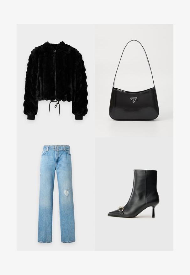 Black faux fur cropped jacket with a zip front, ribbed cuffs, and drawstring hem. Textured fabric in a puffy, striped design.; White long-sleeve turtleneck top made from a textured, shimmer fabric. Features a slim fit and a high neckline.; Light blue denim jeans with a wide leg, featuring distressed details on the knees and a classic five-pocket design with belt loops.; Black leather ankle boot with pointed toe, slim mid-height heel, and silver buckle detail on side against plain background.; Black patent leather shoulder bag with a curved shape, featuring a silver triangle logo and a zipper closure. Smooth texture and slim strap.