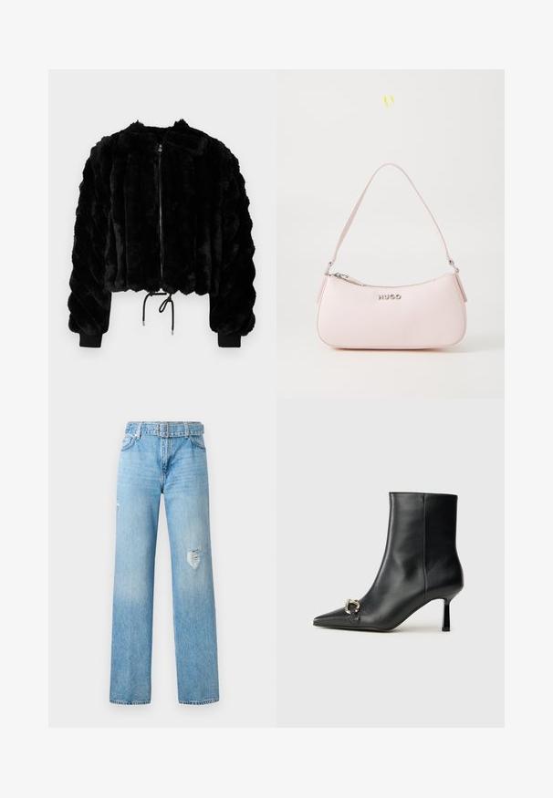 Sort imitation pels cropped jakke med lynlås i front, ribbede manchetter og snoretræk i kanten. Struktureret stof i et puffet, stribet design.; Hvid langærmet turtleneck top lavet af et struktureret, glitrende materiale. Har en tætsiddende pasform og en høj halsudskæring.; Lys blå denim jeans med bred ben, der har slidte detaljer ved knæene og et klassisk fem-lomme-design med bæltestropper.; Sort læder ankelstøvle med spidse tæer, slank hæl i mellemhøjde og sølvspænde detaljer på siden mod en ensfarvet baggrund.; Rosa læderhåndtaske med et buet design, lynlåslukning og skulderrem. Har et sølvlogo foran.