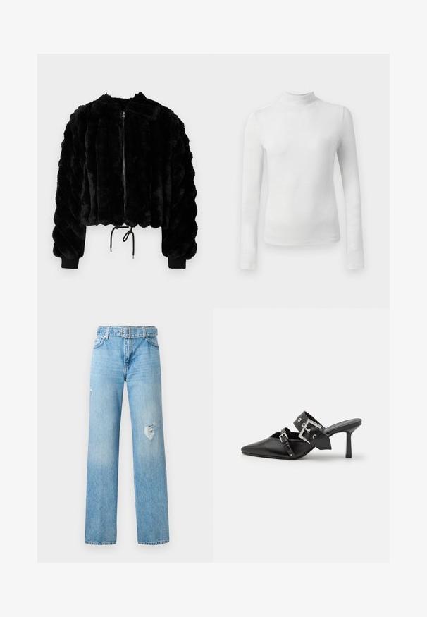 Černá umělá kožešinová zkrácená bunda se zipem vpředu, žebrovanými manžetami a stahovací šňůrkou na spodním lemu. Texturovaná látka v nadýchaném pruhovaném designu.; Bílý svetr s dlouhým rukávem a rolákem vyrobený z texturované, lesklé tkaniny. Má slim fit střih a vysoký límec.; Světle modré džíny s širokým nohavicemi, s poškozenými detaily na kolenou a klasickým designem pěti kapes s poutek na opasek.; Černé muly na vysokém podpatku s špičatou špičkou, vyrobené z hladké kůže. Mají široký pás kolem kotníku se čtvercovou stříbrnou sponou a cvočky.