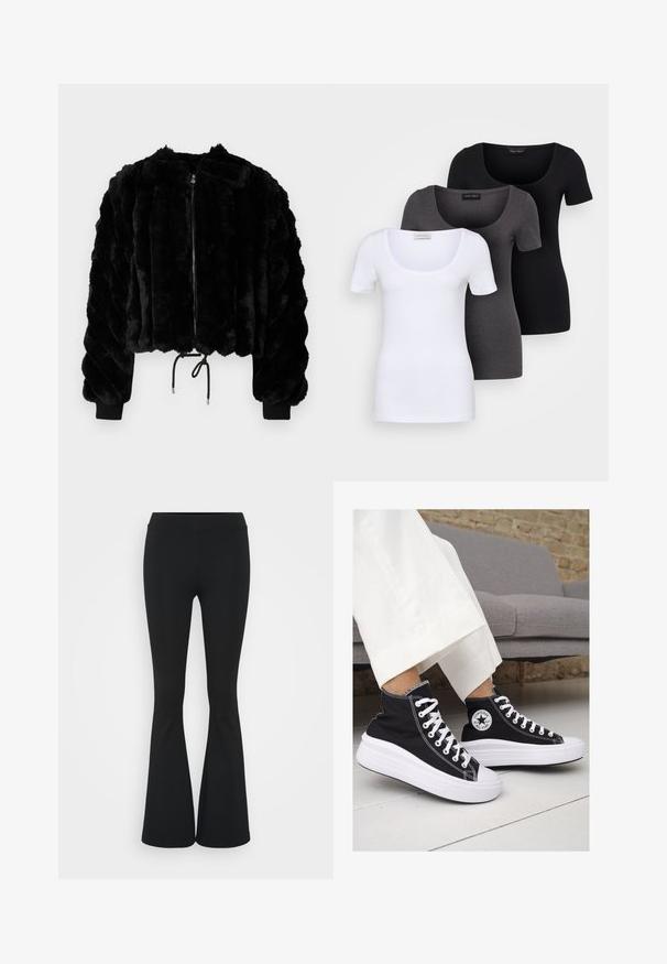 Črna umetna krznena jakna s prerezanim krojem, z zadrgo spredaj, rebrastimi manšetami in vrvico na dnu. Teksturna tkanina z puhastim, prugastim vzorcem.; Tri prilegla majica v beli, sivi in črni barvi. Vsaka ima širok izrez na vratu in kratke rokave. Narejene so iz gladkega, raztegljivega materiala.; Črne hlače s širokimi hlačnicami, izdelane iz raztegljive tkanine, z visokim pasom in gladko teksturo. Hlače se širijo od kolena navzdol.; Črne platnene visoke superge z belimi gumijastimi podplati in vezalkami. Imajo krožni logotip na strani in kontrastno bele šive.