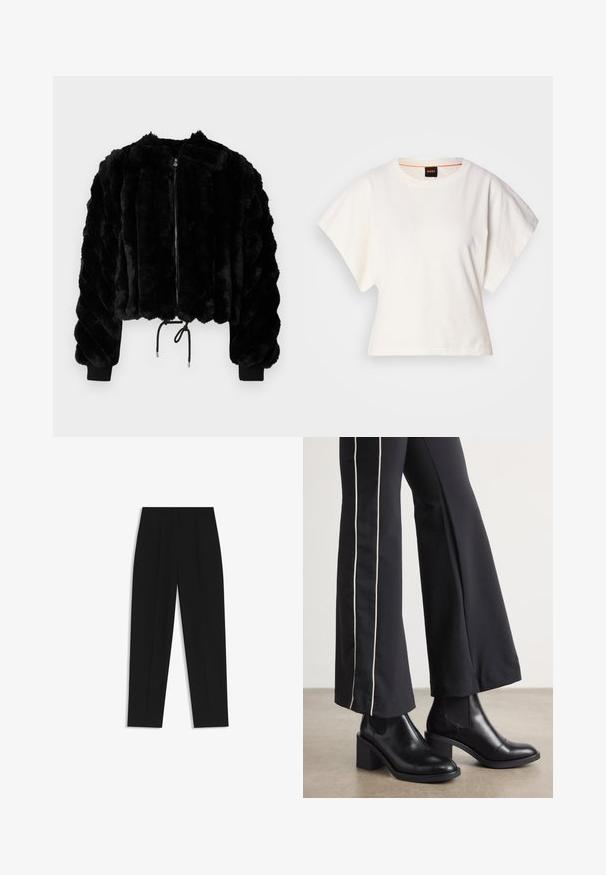 Zwarte nepbont cropped jas met een ritssluiting aan de voorkant, ribbel manchetten en een trekkoord aan de onderkant. Textuurstof in een luchtig, gestreept ontwerp.; Witte gecropte T-shirt, korte brede mouwen, zachte katoenmaterialen, ronde halslijn met subtiele oranje rand, minimalistisch ontwerp, geen patronen of graphics.; Zwarte broeken met een rechte pasvorm, voorzien van dubbele plooien, een zachte textuur en een klassiek taillebandontwerp. Geen zichtbare hardware of accenten.; Zwarte leren enkellaarzen met een blokhak, voorzien van elastische zijpanelen. Gecombineerd met zwarte broeken met een witte zijstreep.