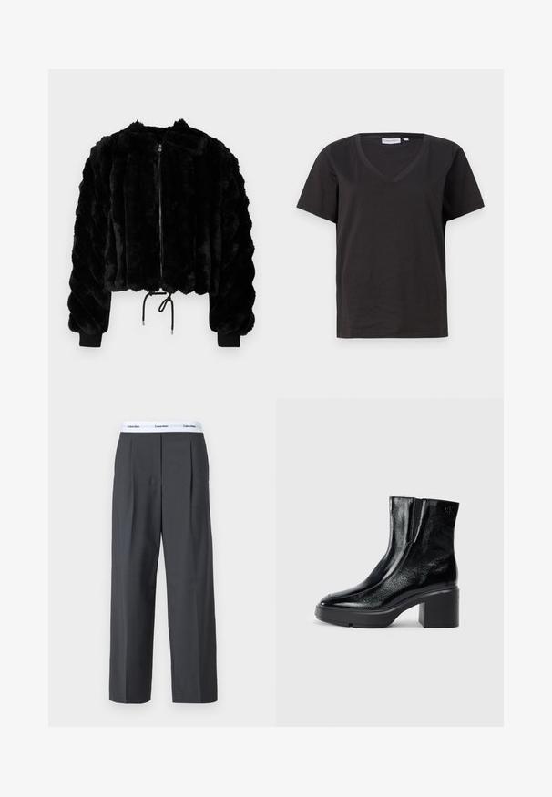 Sort imitation pels cropped jakke med lynlås i front, ribbede manchetter og snoretræk i kanten. Struktureret stof i et puffet, stribet design.; Sort bomulds T-shirt med V-hals og korte ærmer. Enkel design med regular fit og ingen mønstre eller accenter.; Grå brede bukser lavet af glat stof, med frontfolder og en hvid talje med Calvin Klein-logo.; Sorte patenterede læderankelstøvler med en buet tå, elastiske sidepaneler og en kraftig blokhæl. Har et præget logo på bagsiden.