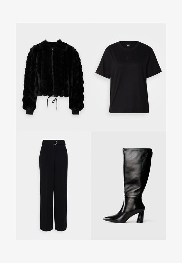 Sort imitation pels cropped jakke med lynlås i front, ribbede manchetter og snoretræk i kanten. Struktureret stof i et puffet, stribet design.; Sort bomulds t-shirt med rund halsudskæring, korte ærmer og et broderet logo på brystet. Enkel, afslappet pasform uden mønstre.; Sorte skræddersyede bukser med en bredbenet silhuet, der har et bælte med en sølvfarvet spænde, plisseringer og en glat stofoverflade.; Knee-high sorte læderstøvle med spids tå, glat tekstur og en kraftig hæl. Har en lynlåsdetaile bagpå.
