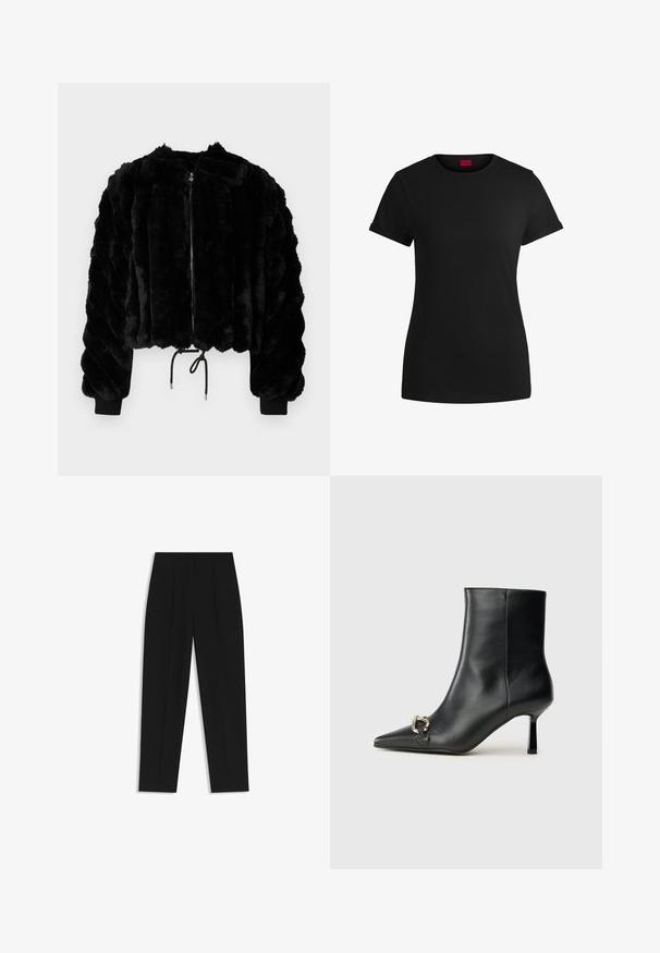Mustat keinokarvasta valmistettu lyhyt takki, jossa on vetoketjusuljenta, ribattu hihansuut ja kiristettävä helma. Teksturoitu kangas, jossa on puffimainen, raidallinen muotoilu.; Mustapaita, jossa on lyhyet käärityt hihat, pyöreä kaula-aukko ja punainen etiketti. Sileä pinta, istuva muoto ja minimaalinen yksityiskohtaisuus.; Mustat housut suoran istuvuuden kanssa, joissa on kaksinkertaiset laskokset, sileä pinta ja klassinen vyötärönauhan muotoilu. Ei näkyviä metalliosia tai koristeita.; Musta nahkasaapas nilkkapituisilla, terävillä kärjillä, hoikalla keskipituisella korolla ja hopeavöillä sivussa yksinkertaista taustaa vasten.