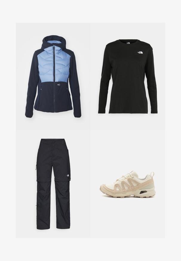 Jakna s kapuljačom koja ima gornji deo u svijetloplavom kviltanom dizajnu i donji deo u tamnoplavoj boji, izrađena je od glatkog, rastezljivog materijala sa džepovima na zip.; Crni dugih rukava majica od pamuka s okruglim izrezom. Ima mali bijeli logo na lijevoj strani prsnog područja. Jednostavan dizajn i kroj.; Crne najlon hlače s munjevim zatvaranjem, odvojive cargo hlače s podesivim manžetama, brojnim džepovima i logom na desnoj nozi. Glatka, lagana tekstura.; Bež i kremasti sportski tenisice s teksturiranim mrežastim gornjim dijelom, potpornih preklopa i gumeni potplat s uzorcima za prianjanje.