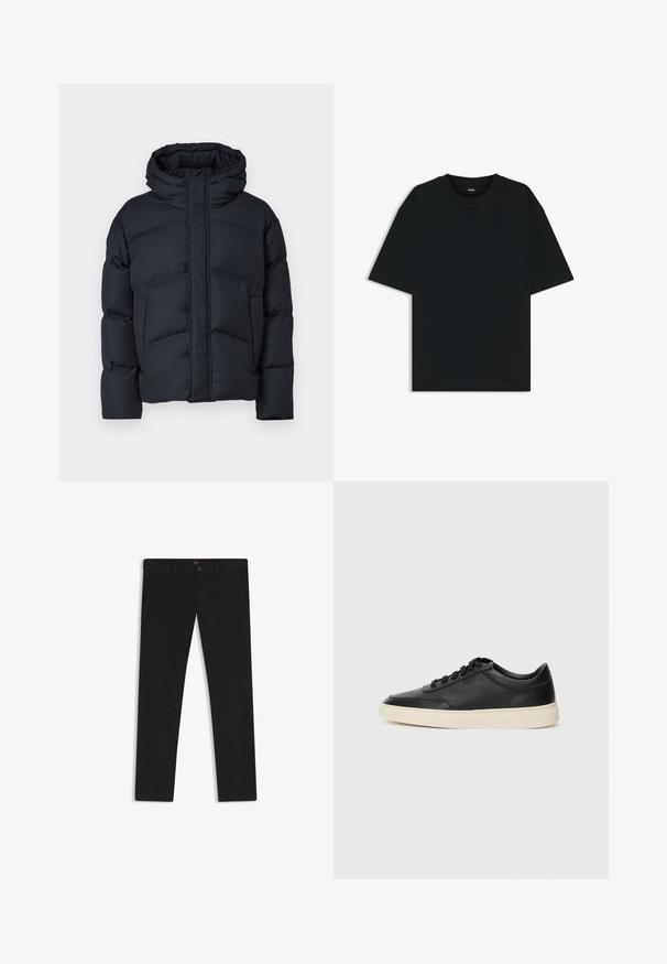 DRYKORN NOTAN - Winterjacke - blue; Schwarzes Baumwoll-T-Shirt mit rundem Halsausschnitt und kurzen Ärmeln. Verfügt über einen lockeren Schnitt und ein schlichtes Design ohne Muster oder Akzente.; Schwarze Hosen aus einem Stoff mit glatter текстуре. Verfügt über einen Knopfverschluss, Gürtelschlaufen und Seitentaschen. Klassisches Design mit geradem Bein.; Schwarzer niedriger Ledersneaker mit schwarzen Schnürsenkeln und cremefarbenem Sohlenrand, seitlich auf weißem Hintergrund dargestellt.