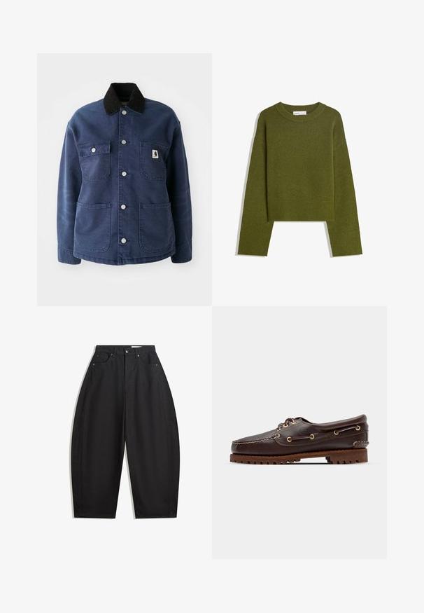 Námořnická modrá zapínací bunda s černým kordovým límcem, čtyřmi předními kapsami a kovovými patentními knoflíky, s malým logem na náprsní kapse.; Olivově zelený pletený svetr s kulatým výstřihem, dlouhými rukávy a žebrovaným lemem. Má zkrácený střih a měkký, texturovaný povrch.; Černé kalhoty s širokými nohavicemi vyrobené z bavlny, s vysokým pasem, pěti kapsami a kovovým zapínáním. Hladká textura a žádné viditelné vzory.; Hnědé kožené lodní boty se zlatými očky, kulatými tkaničkami a texturovanou hnědou gumovou podrážkou. Obsahují zašitý detail a vyvýšené logo.