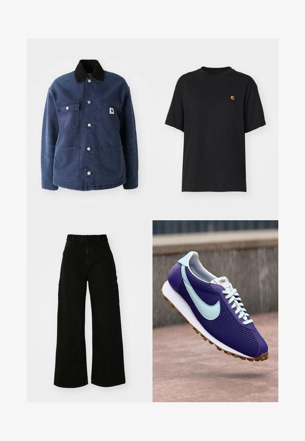 Marineblauwe button-up jas met zwarte corduroy kraag, vier voorkruisen en metalen drukknoopjes, voorzien van een klein logo op de borstzak.; Zwarte katoenen t-shirt met een relaxte pasvorm. Heeft een ronde hals en korte mouwen. Bevat een klein goud geborduurd logo op de borst.; Zwarte wijde cargobroek van denim, met een hoge taille, sluiting met een knop aan de voorkant en zijzakken. Gladde textuur met minimale stiksels.; Paarse Nike sneaker met lichtblauwe swoosh, witte veters en gumrubberen zool, weergegeven zwevend boven een betonnen oppervlak buitenshuis.