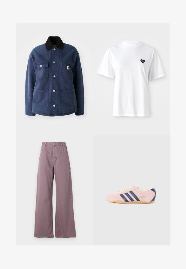 Navy blue button-up jacket with black corduroy collar, four front pockets, and metal snap buttons, featuring a small logo on the chest pocket.; White short-sleeve t-shirt made of cotton, featuring a small black heart-shaped logo on the left chest area.; Wide-leg pants in dusty mauve cotton, featuring a front button closure, side pockets, and stitched detailing along the seams.; Light pink sneaker made of suede with navy blue stripes and accents. Features a light cream tongue and laces, with a gum rubber sole.