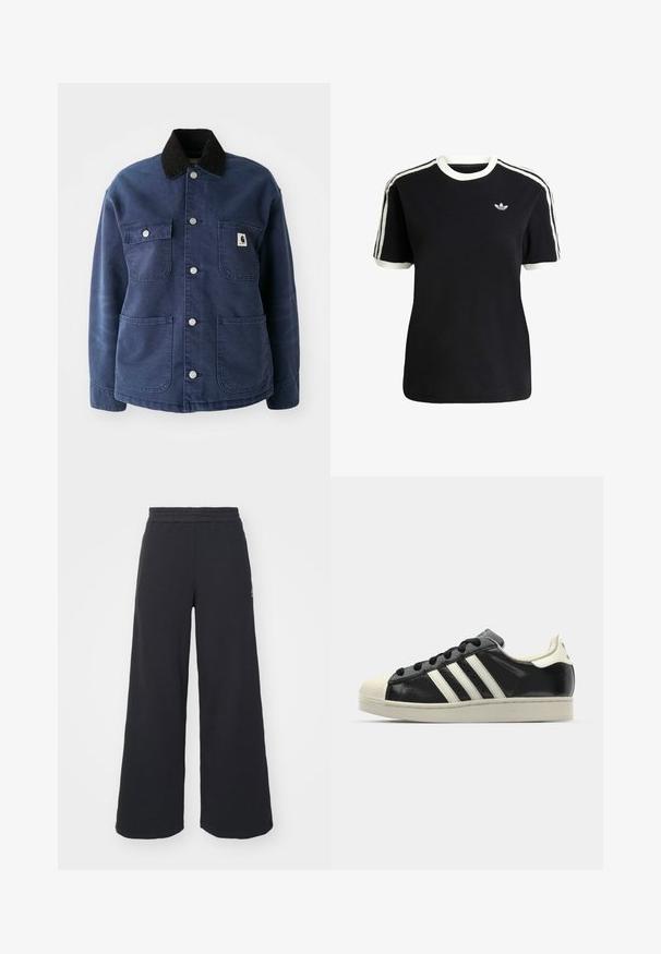 Chaqueta azul marino de botones con cuello de pana negro, cuatro bolsillos frontales y botones de presión de metal, con un pequeño logo en el bolsillo del pecho.; Camiseta de algodón negra con acentos en blanco en el cuello y las mangas, que presenta tres rayas blancas en cada hombro y un pequeño logo en el pecho.; Pantalones de chándal negros de pierna ancha, hechos de una tela suave, con una cintura elástica y un pequeño logo en el lado izquierdo.; Zapatilla de cuero negro con rayas blancas, puntera de goma, cordones negros y suela color crema. Textura suave con acabado brillante.