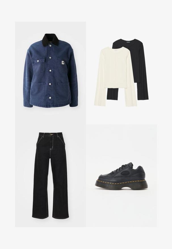 Tamsiai mėlynas mygtukų užsegamas švarkas su juodu kordūro stiliumi, keturiais priekiniais kišenėmis ir metalinėmis spaudėmis, ant krūtinės kišenės yra mažas logotipas.; Dviejų ilgomis rankovėmis marškinėlių rinkinys, baltas ir juodas. Raukšlėta tekstūra, apvalus kaklas, prigludusi forma su šiek tiek platėjančiomis rankovėmis.; Juodi platūs džinsai, pagaminti iš džinsinio audinio, su kontrastingomis baltomis siūlėmis ir priekiniais mygtukais, turintys du kampinius priekinio kišenes.; Juoda odinė sportinė avalynė su tekstūruotu paviršiumi, apvaliu pirštu ir storu platforminiu padu. Pabrėžti geltoni siūlės akcentai ir ženklinta šoninė logo.