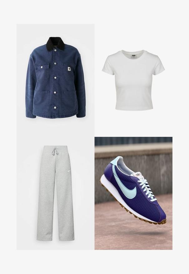 Jakna na dugmad u mornarsko plavoj boji s crnim kordura ovratnikom, četiri prednja džepa i metalnim kopčama, s malim logotipom na džepu.; Bjela pamučna majica s klasičnim okruglim izrezom, kratkim rukavima i prilagođenim oblikom. Nema vidljivih uzoraka ili akcenta.; Sive trenirke s elastičnim pojasom, detaljem za vezanje, i malim bijelim Nike logom na lijevom bedru. Mekana tkanina, širokog kroja.; Ljubičaste Nike tenisice s svijetloplavim swooshom, bijelim vezicama i gumenom petom, prikazane kako lebde iznad betonske površine na otvorenom.