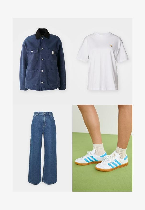 Casaco azul-marinho com botões, colarinho de veludo cotelê preto, quatro bolsos frontais e botões de pressão em metal, apresentando um pequeno logotipo no bolso do peito.; T-shirt branca de algodão com um corte descontraído, mangas curtas e um pequeno logótipo bordado na área do peito esquerdo.; Calças de ganga azuis de perna larga com cintura alta, costuras em contraste e bolsos laterais, apresentando um design clássico de cinco bolsos e bainhas desfiadas.; Sapatilhas brancas com riscas azul-claras, sola de borracha e design de atacadores. Apresenta uma marcação dourada e uma textura suave semelhante a couro.