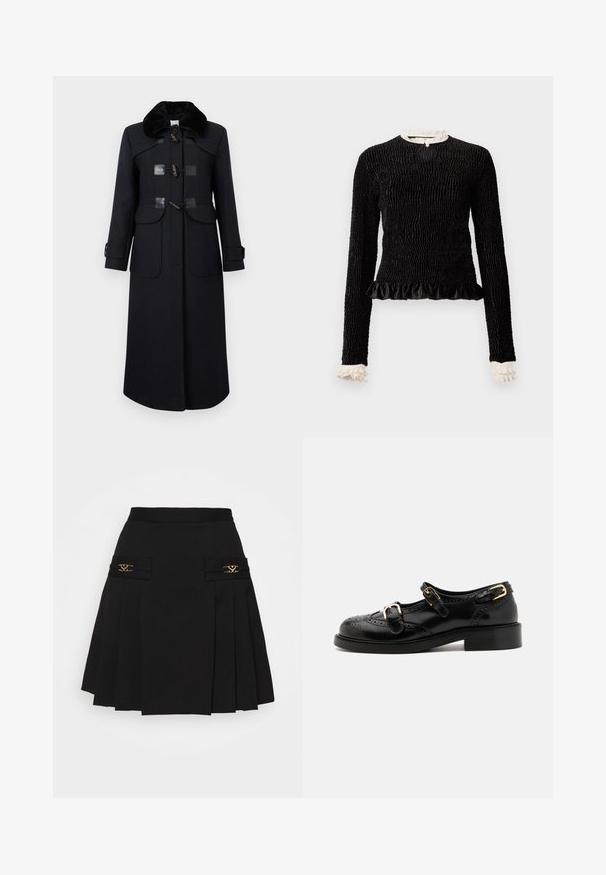 Marinblå ullrock med en fuskpälskrage, som har toggelknäppningar, två framfickor och skräddarsydda sömmar för en figurnära silhuett.; Svart långärmad topp med texturerat tyg, volangkant och vita volanger vid kragen och ärmslut. Har en central snoddstängning.; Svart plisserad kjol med detaljer i guld. Har sidofickor med logotypdetaljer och är tillverkad av ett mjukt material. A-linjeform.; Svarta läderskor med broguedetaljer, utrustade med två spännen, rund tå och låg klack. Slät textur med glänsande finish.
