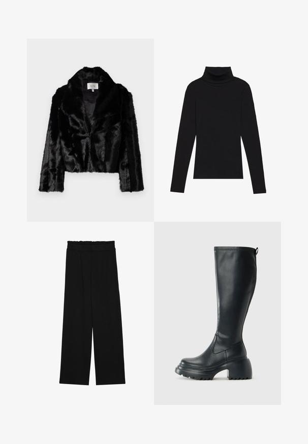 Must musta faux karusnahk jakk laia kraega, pehme tekstuuriga ja pikkade varrukatega. Sees silmapaistva riidega vooderdatud, brändi silt nähtav.; Mustavööne, pika varrukaga kõrge kaelusega T-särk, mis on valmistatud ribakanga materjalist, omab sobivat disaini ja ei sisalda mustreid ega aksessuaare.; Mustad laiad püksid rüüstatud vöökohtadega, millel on kaks küljetaskut ja ühetaoline, kerge kangas. Ilma nähtavate mustrite või seadmeteeta.; Kõrge must nahksaapad, millel on massiivne platvormi tald ja blokk-kand, varustatud tõmbenööriga ja tekstuuriga väljatõmbejääk.