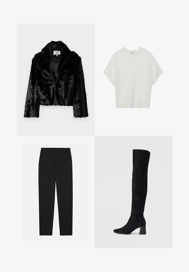 Černá zkrácená bunda z umělé kožešiny s širokým límcem, jemnou texturou a dlouhými rukávy. Uvnitř podšitá hladkým materiálem, viditelný štítek značky.; Bílý krátký rukáv tričko s širokým kulatým výstřihem a texturovaným žebrovaným vzorem, vyrobené z měkké látky, s uvolněným střihem a čistým designem.; Černé kalhoty s vytvarovaným střihem, které mají boční kapsy a rovné nohavice. Vyrobené z hladkého, lehkého materiálu s elegantním povrchem.; Černé semišové vysoké boty s blokovým podpatkem, špičatou špičkou a hladkým, bezšvovým designem na jednoduchém světlém pozadí.