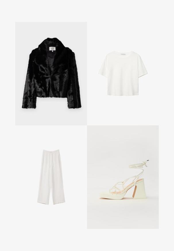 Čierna skrátená bunda z umelého kožucha so širokým golierom, mäkkou textúrou a dlhými rukávmi. Vo vnútri podšitá hladkým materiálom, viditeľná značka.; Biela krátkopsová tričko vyrobené z bavlny. Má okrúhly výstrih a voľný strih. Hladká textúra bez viditeľných vzorov alebo akcentov.; Biele široké nohavice vyrobené z ľahkej tkaniny. Obsahujú elastický pás so sťahovacou šnúrkou a bočné vrecká. Hladká textúra.; Biele sandále na vysokom opätku s hrubým podpätkom, s pruhovaným dizajnom a viazaním na členku. Hladký povrch s platformou vpredu pre zvýšenú výšku.