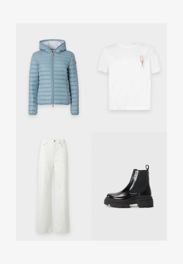 Hellblaue Steppjacke mit Kapuze, mit horizontalen Steppnähten, Frontreißverschluss, elastischen Bündchen und einem orangen Reißverschlussanhänger.; Weißes Baumwoll-T-Shirt mit kurzen Ärmeln, das auf der linken Brustseite ein minimalistisches, gesticktes gelbes Eis am Stiel-Design zeigt.; Samsøe Samsøe SHELLY - Jeans Relaxed Fit - clear cream; Schwarze Leder-Stiefeletten mit schickem Design, elastischen seitlichen Einsätzen und einer stabilen schwarzen Sohle. Mit einem Zugband an der Rückseite für ein einfaches Anziehen.
