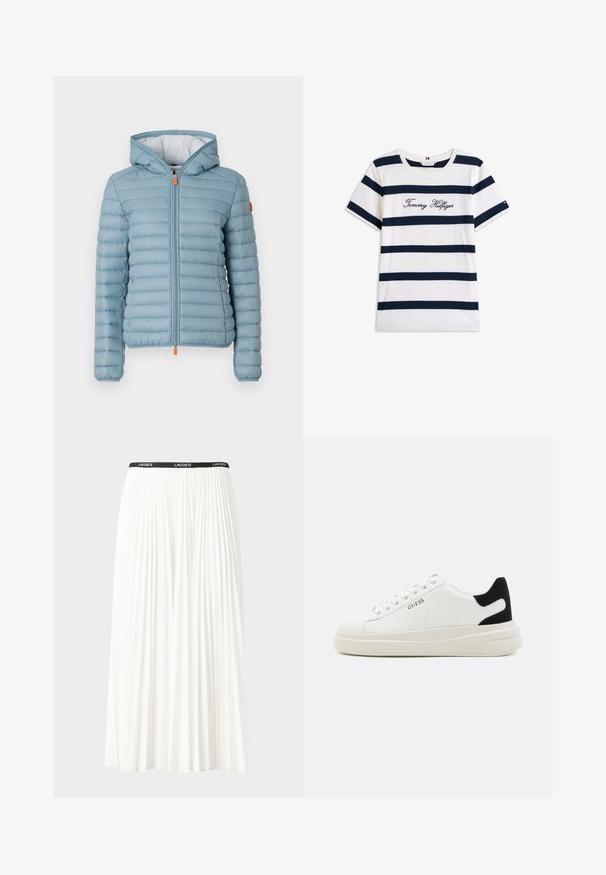 Light blue puffer jacket with a hood, featuring horizontal quilted sections, front zipper, elastic cuffs, and an orange zipper pull.; Cotton T-shirt with horizontal navy stripes on a white background. "Tommy Hilfiger" embroidered in cursive on the chest. Crew neckline.; Pleated white skirt with a black elastic waistband featuring the "LACOSTE" logo. Mid-length design with soft texture.; White leather sneakers with a thick white sole, black suede heel accent, and embossed logo on the side. Laced design with six eyelets.