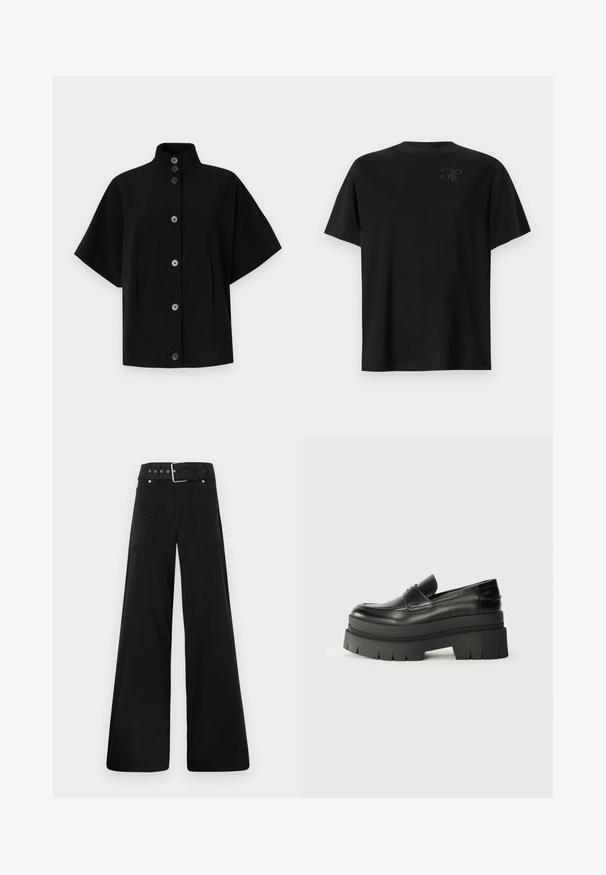 Melnā īsto piedurkņu jaka, kas ir aprīkota ar augstu apkakli, priekšējo pogu aizdari un sānu kabatām. Izgatavota no gludas, strukturētas auduma ar minimālistisku dizainu.; Melna īsroku T-krekls no mīkstas kokvilnas. Apaļa kakla izgriezuma ar smalku izšūtu logotipu kreisajā krūtīs. Gluda tekstūra, brīvs piegriezums.; Melna platā kāju bikses, izgatavotas no kokvilnas, ar augstu jostasvietu, lieliem sānu kabatām un jostu ar sudraba detaļām.; Melnas ādas loafers ar masīvu platformas zoli. Noapaļota purngala forma, priekšējā šuvju detaļa un smalki šuvju akcenti. Plakana, teksturēta zole.