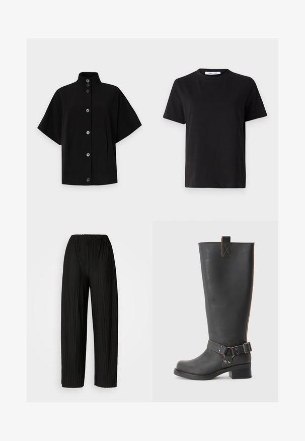 Black short-sleeve jacket featuring a high collar, front button closure, and side pockets. Made from smooth, structured fabric with a minimalist design.; Black short-sleeve t-shirt made of soft cotton, featuring a round neckline, relaxed fit, and a smooth texture. No visible patterns or graphics.; Black pleated wide-leg pants with an elastic waistband. The fabric features vertical pleats and a smooth texture.; Black leather knee-high boot with a textured finish, featuring a side buckle accent and a low heel. Detailed stitching along the seams.