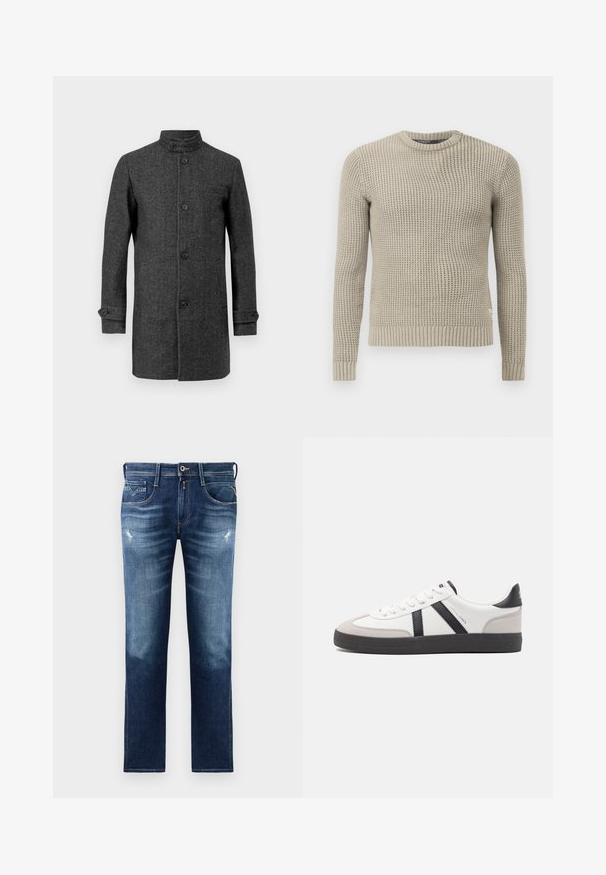 Sivi vuneni kaput s visokim ovratnikom, prednjim gumbima i bočnim džepovima. Ima prilagođeni oblik i manšete na gumb, što doprinosi strukturiranom izgledu.; Bež pleteni džemper s dugim rukavima, rebrastim manžetama i rubom, okruglim izrezom, teksturiranim uzorkom, izrađen od mekanog materijala.; Plave traperice s regular fit krojem, s blijedom pranjom, blagim oštećenjima, pet džepova i kontrastnim šavovima. Dugme za zatvaranje u struku.; Bijele tenisice s crnim i sivim detaljima, s teksturiranim sivim zaštitnikom prstiju, crnim gumene potplate i ravnim bijelim vezicama. Čist dizajn, minimalistički stil.