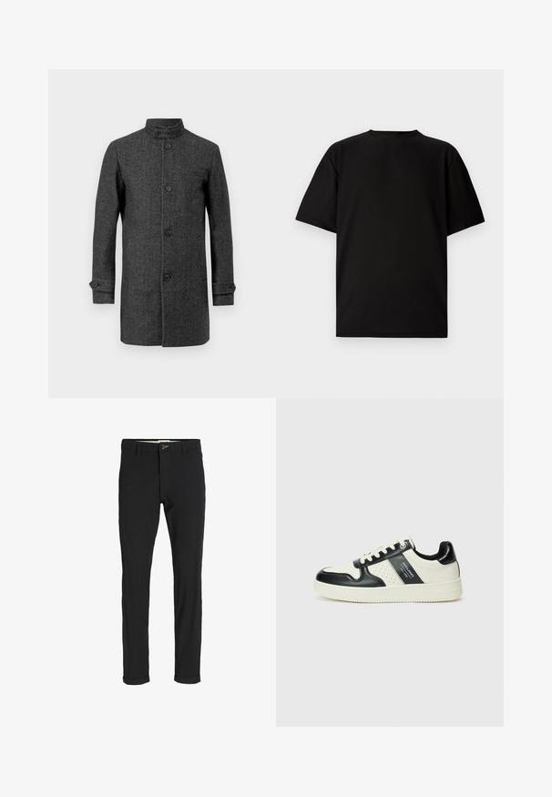 Abrigo de lana gris con un cuello alto, botones frontales y bolsillos laterales. Presenta una forma ajustada y puños abotonados para un aspecto estructurado.; Camiseta negra de manga corta hecha de tela acanalada. Presenta un cuello redondo y un corte relajado con una textura suave. Vista trasera únicamente.; Pantalones de mezcla de algodón negros con corte ajustado, que presentan un cierre de botón, bolsillos y puños enrollados para un acabado casual.; Zapatillas de cuero con un esquema de colores negro y crema, que cuentan con acentos perforados, un collar acolchado y una suela texturizada.