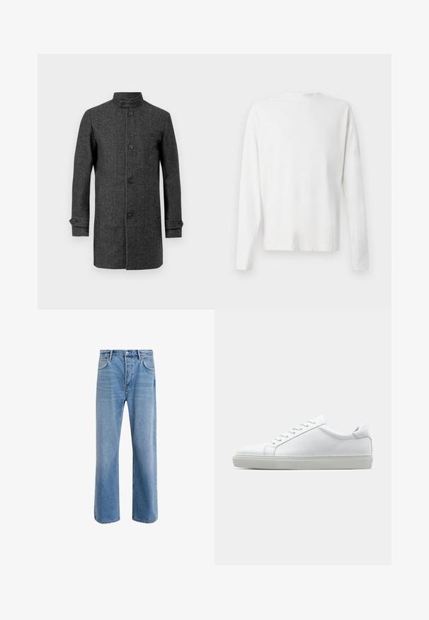 Grau Wollmantel mit hohem Kragen, vorderer Knopfleiste und seitlichen Taschen. Hat eine taillierte Form und geknöpfte Manschetten für einen strukturierten Look.; Langärmliges weißes Baumwollhemd mit rundem Ausschnitt, seitlichen Schlitzen am unteren Rand und glatter Textur, von hinten präsentiert.; Helle blaue Jeans im Geradeschnitt-Design, mit fünf Taschen, Knopfverschluss, minimaler Ausbleichung und kontrastierenden Nähdetails.; Weißer Sneaker mit glattem Lederobermaterial und niedrigem Profil. Verfügt über eine runde Zehenpartie, sechs Ösen und eine strukturierte Gummisohle.