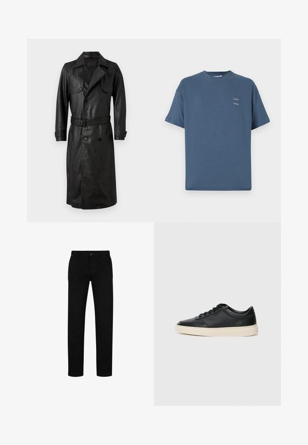 AllSaints NEO - Trenci - black; Tricou din bumbac albastru cu guler clasic de tip crew, mâneci scurte, croială lejeră și două mici logo-uri imprimate pe piept. Textură netedă.; Pantaloni negri din bumbac cu o croială dreaptă, având sistem de închidere cu nasture, curea și un design minimalist. Textură netedă, fără modele.; Sneaker din piele neagră, cu vârf jos, cu șireturi negre și talpă de un alb murdar, prezentat în profil lateral, pe un fundal alb.