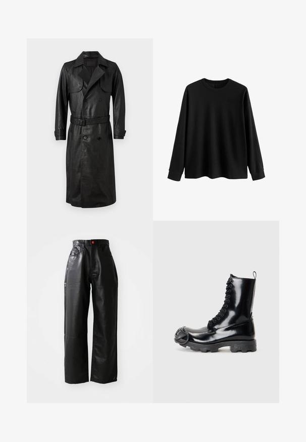 AllSaints NEO czarny; Czarny, długi rękaw, pulower wykonany z miękkiego materiału, z okrągłym dekoltem, luźnym krojem i prążkowanymi mankietami. Minimalistyczny design, bez dodatkowych wzorów.; Czarne szerokie spodnie z faux skórki z wysokim stanem, widocznymi kieszeniami i czerwonym akcentem w postaci guzika, charakteryzujące się gładką, błyszczącą teksturą.; Czarne lakierowane buty wojskowe o błyszczącej powierzchni, z wiązanym sznurowaniem, grubą gumową podeszwą i charakterystycznym detalu z przodu.