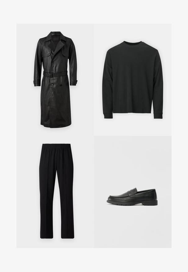 AllSaints NEO - Trentšmantel - black; Pika pikkade varrukatega must T-särk, mis on valmistatud puuvillast, ümarate kaelustega, lohvaka lõikega ja soonikute mansettidega. Sujuv tekstuur, ilma nähtavate mustriteta.; Mustad, elastse puusärgid sirge säärega, mis on sileda tekstuuriga ja ilma nähtavate mustrite või riistadega.; Musthave nahkkingad siledast nahast, mokassiini stiilis ülevalt, tikanditega ja kummist tallaga. Klassikaline disain madala kontsaga.