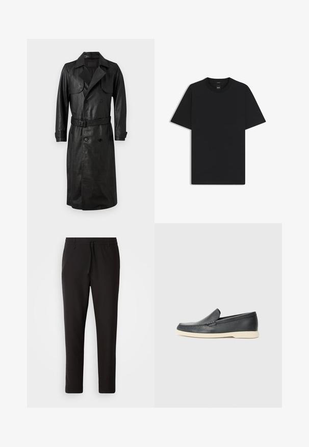 AllSaints NEO - Trenchcoat - black; Black short-sleeve T-shirt made from a smooth cotton blend, featuring a crew neckline and a minimalistic design with no patterns or accents.; Black jogger pants made of smooth fabric. Feature an elastic waistband with a drawstring, tapered legs, and no visible pockets. Simple design.; Black leather slip-on loafers with a textured finish and a contrasting beige rubber sole. Features a subtle accent along the front.