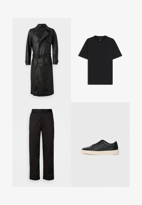 AllSaints NEO - Gabardina - black; Camiseta negra de manga corta fabricada con una suave mezcla de algodón, que presenta un cuello redondo y un diseño minimalista sin patrones ni acentos.; Pantalones negros de tela suave, con cremallera, cierre de botón y puños enrollados para un diseño casual.; Zapatilla negra de piel de caña baja con cordones negros y suela color crema, mostrada en perfil lateral sobre fondo blanco.