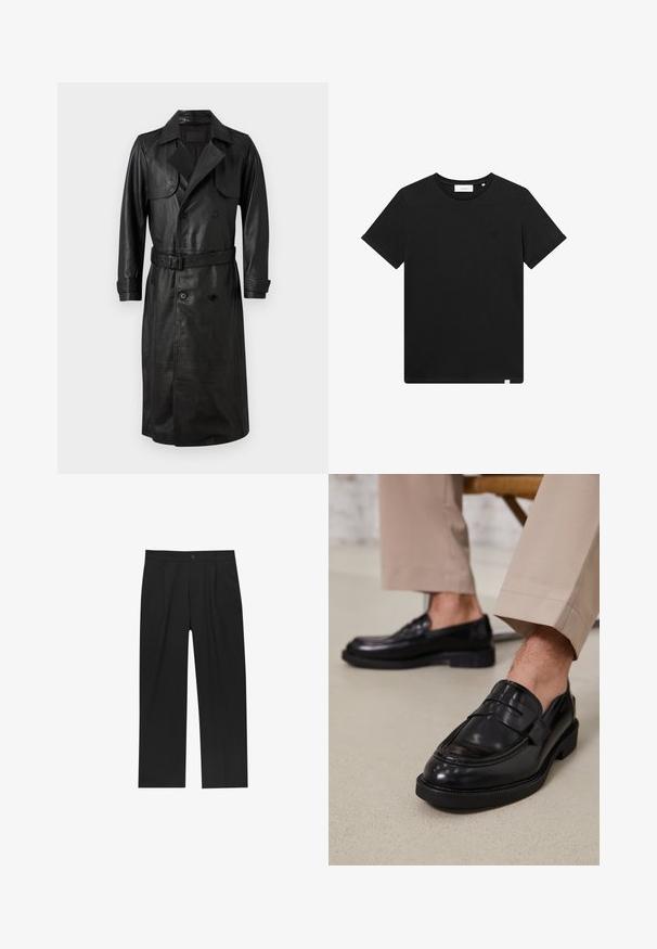 AllSaints NEO - Kišni ogrtač - black; Crna kratka majica s kratkim rukavima od pamuka, s okruglim izrezom i malim logotipom izvezenim na prsima. Glatka tekstura, standardni kroj.; Crne hlače ravnog kroja, izrađene od glatkog materijala. Imaju prednje nabore i jedan dugme na struku.; Crne kožne mokasine s glatkom obradom, koje imaju dekorativnu traku i kontrastnu šav, u kombinaciji s bež hlačama.