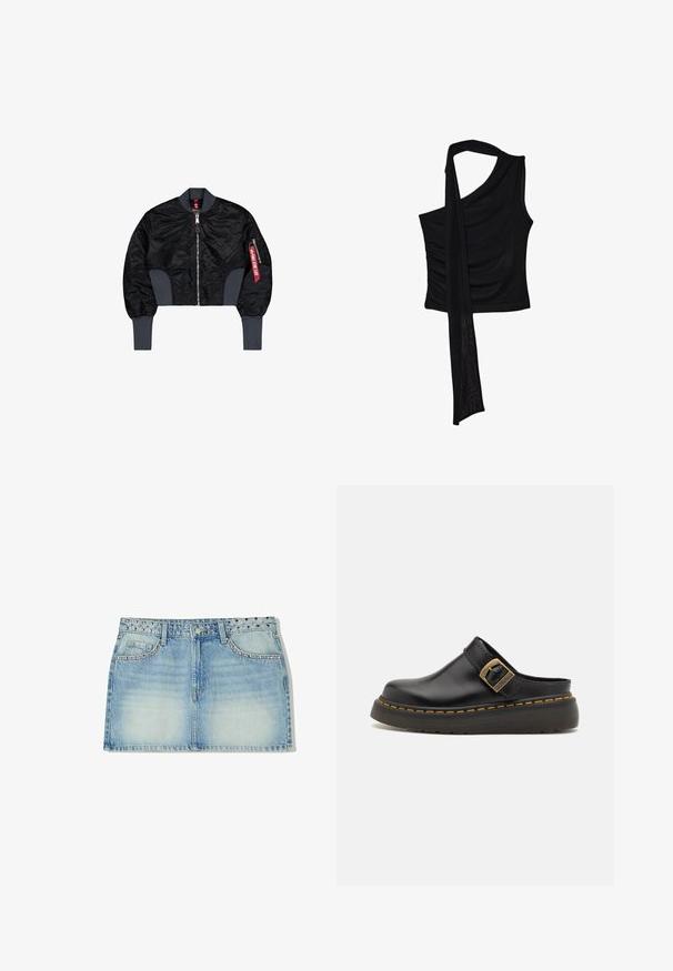 Przycięta czarna kurtka bomberka z pikowanego materiału, zamek błyskawiczny, ściągacze przy mankietach i boczna kieszeń z redową etykietą.; Czarny bezrękawnik z pojedynczym ramiączkiem, z płynącym, drapowanym akcentem i marszczoną teksturą po boku. Wykonany z miękkiego materiału.; Jasnoniebieska dżinsowa spódniczka mini, z wykonanym z ćwieków pasem w talii, dwiema przednimi kieszeniami oraz prostym krojem z wyblakłą teksturą.; Czarne skórzane klompy mules z szerokim paskiem i mosiężnym zapięciem. Charakteryzują się teksturowaną gumową podeszwą z żółtymi przeszyciami.