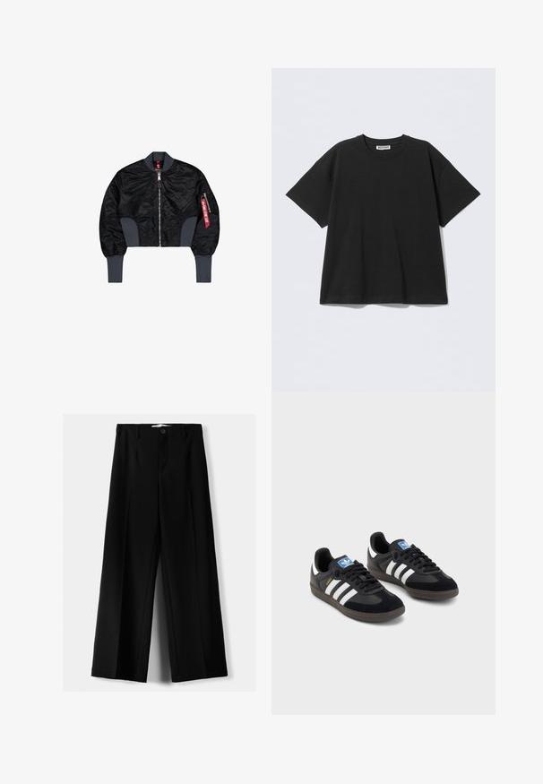 Cropped black bomber jacket with quilted fabric, zipper closure, ribbed cuffs, and a side pocket featuring a red label detail.; Black oversized t-shirt made of cotton, featuring a crew neckline and short sleeves. Simple design with no patterns or accents.; Black wide-leg trousers made of lightweight fabric, featuring a front button closure and flat front, with neatly stitched hems.; Black sneakers with a suede and synthetic upper, featuring three white stripes, textured rubber sole, and blue logo tag on the tongue.