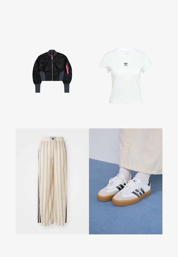 Korte zwarte bomberjack van geborduurd materiaal, met ritsluiting, geribde manchetten en een zijvak met een rode labeldetail.; Witte katoenen T-shirt met korte mouwen en een ronde hals. Voorzien van een zwart Adidas-logo op de borst. Eenvoudig, minimalistisch ontwerp.; Crème kleurige wijde broek met een zigzagpatroon, met een zwarte logo tailleband en zij zwarte strepen. Lichtgewicht, gestructureerde stof.; Witte sneakers met zwarte strepen en beige suède accenten. Voorzien van een gestructureerde gumzool en platte witte veters, gedragen met lichtgekleurde sokken.