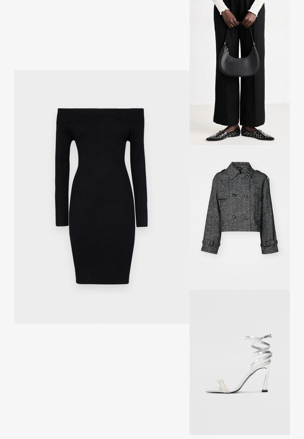 Pusmēne jēkli melnā un pelēkā ķiršu rakstā, ar lielām pogām, sānu kabatām un regulējamiem piedurkņu galiem.; Melnā, ribotā, ar plecu atklātu adītu kleitu ar garām piedurknēm un pieguļošu siluetu, kas sasniedz vidukli.; Sudrabaini augstpapēžu sūna ar spīdīgu siksnu dizainu, kurā ir pērlēm līdzīgs akcents un spirālveida potītes siksna drošai pieguvei.; Melnas ādas plecu soma ar apaļu formu, spīdīgu apdari un sudraba komponentēm. Persona valkā melnus platā piegriezuma bikses un vadlīniju mokasīnus ar kniedēm.