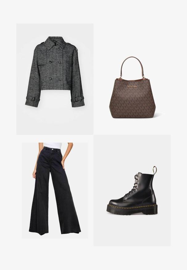 Geknipte dubbelzijdige jas in zwart en grijs visgraatpatroon, met grote knopen, zijzakken en verstelbare manchetten.; Bruine gebreide trui met een hoge opstaande kraag, geribbelde zoom en manchetten. Beschikt over een textuurpatroon en raglanmouwen voor een relaxed fit.; Zwarte wijde spijkerbroeken van denim. Hoge taille met een knoopsluiting, met een strakke uitstraling en zonder opvallende patronen of accenten.; Zwarte leren veterschoenen tot de enkel met een robuuste zwarte zool en gele stiksels. Kenmerkend zijn de trekloop aan de achterkant en de ronde metalen oogjes.; Bruine leren handtas met een getextureerd monogrampatroon en een goudkleurig "MICHAEL KORS" logo. Heeft dubbele handvatten en een gestructureerde vorm.