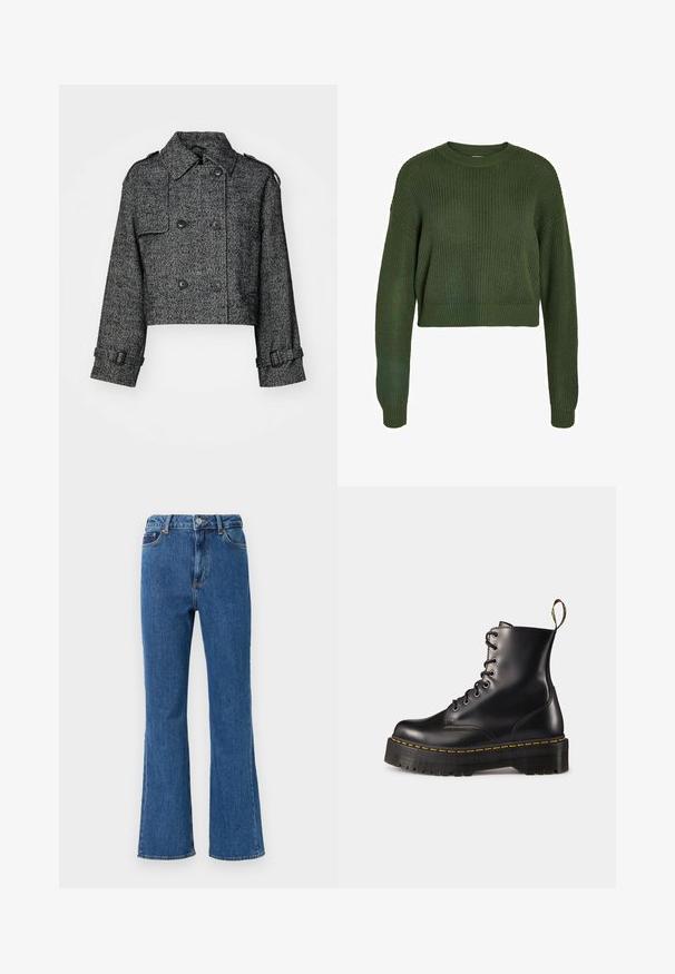 Juodas ir pilkas šonkaulinis raštas, kirptas dublis-paltas, su dideliais mygtukais, šoninėmis kišenėmis ir reguliuojamais rankogaliais.; Alyvuogių žaliai trumpa megzta palaidinė su raukiniais, apvaliu kaklu ir ilgomis rankovėmis. Yra laisvas kirpimas ir megztas raštas per visą palaidinę.; Mėlynos džinsinės kelnės su aukštu liemeniu ir platėjančiomis klešnėmis. Ypatybės: sagos uždarymas, priekinės kišenės ir minimalūs siuvinėjimo detalės.; Juodi odiniai auliniai batai su raišteliais, turintys masyvų juodą pado ir geltoną siūlą. Su nugarinėmis kilpomis ir apvaliais metaliniais akių laikikliais.