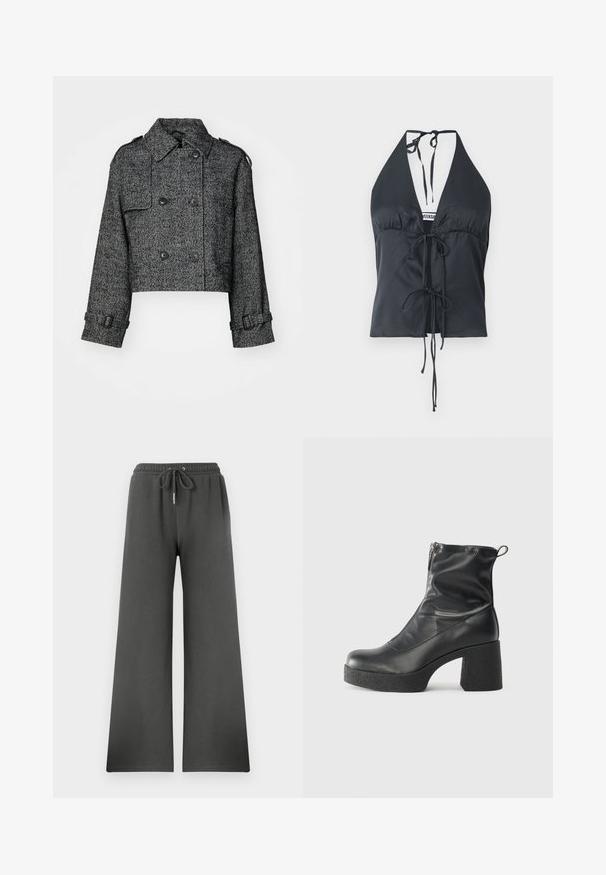Lühendatud topeltvööga jakk musta ja halli herringbone mustriga, suure nuppudega, küljetaskute ja reguleeritavate mansettidega.; Musta paelategu, tehtud siledast kangast, sügava V-kaelusega, kokku kogutud esiosa ja reguleeritava sidumisega kaela ja vöökoht. ; Hallid hallid laiad püksid pehmest materjalist, millel on elastne vöö ja nööri reguleerimine, pakkudes mugavat istuvust ja sujuvat tekstuuri.; Mustad mustad ansapüksid, mis on valmistatud siledast nahast, külje zipperiga, paksu tekstuuriga kontsaga ja ümmarguse nina disainiga.