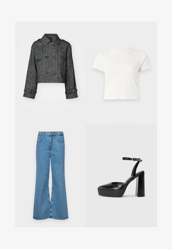 Pusmēne jēkli melnā un pelēkā ķiršu rakstā, ar lielām pogām, sānu kabatām un regulējamiem piedurkņu galiem.; Īsa balta T-kreklā izgatavots no kokvilnas ar īsām piedurknēm, apaļu kakla izgriezumu un taisnu apakšu, piedāvā gludu tekstūru un minimālistisku dizainu.; Gaiši zili, platā piegriezuma džinsi, kas izgatavoti no denima, ar augstu jostasvietu, piecām kabatām un vienu pogu. Mīksta tekstūra ar nolietotu apdari.; Melnas platformas papēžs ar norādītu purngala formu un regulējamu potītes siksniņu. Izgatavotas no gludas ādas, ar masīvu bloku papēdi.