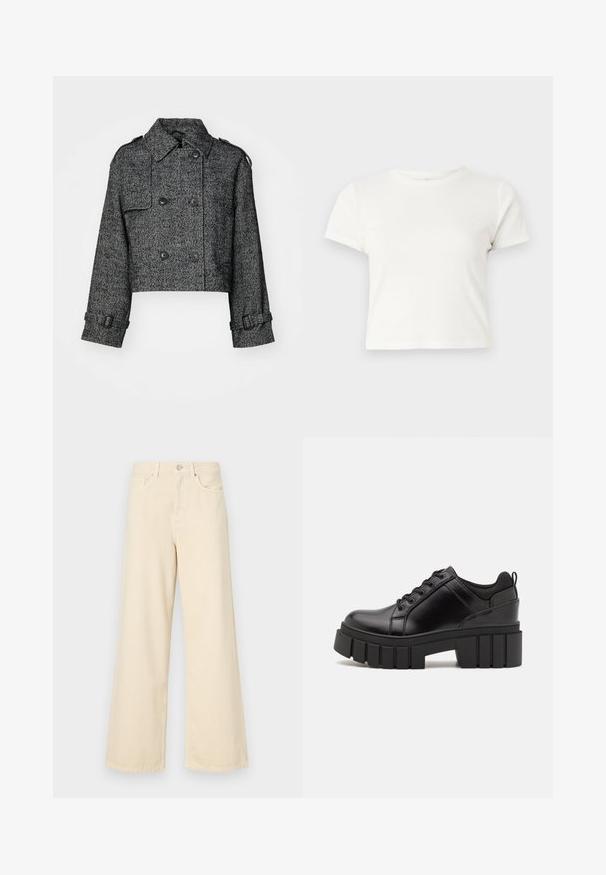 Pusmēne jēkli melnā un pelēkā ķiršu rakstā, ar lielām pogām, sānu kabatām un regulējamiem piedurkņu galiem.; Īsa balta T-kreklā izgatavots no kokvilnas ar īsām piedurknēm, apaļu kakla izgriezumu un taisnu apakšu, piedāvā gludu tekstūru un minimālistisku dizainu.; Bežīgas platpēdas džinses, izgatavotas no kokvilnas. Iekļauj pogu aizdari, jostas cilpas un priekšējos kabatas ar gludu, mīkstu tekstūru.; Melnas ādas platformas kurpes ar masīvu bloku papēdi, apaļu purngalu un tradicionālu saistīšanas dizainu. Izceļas ar gludu tekstūru un minimālu apdari.