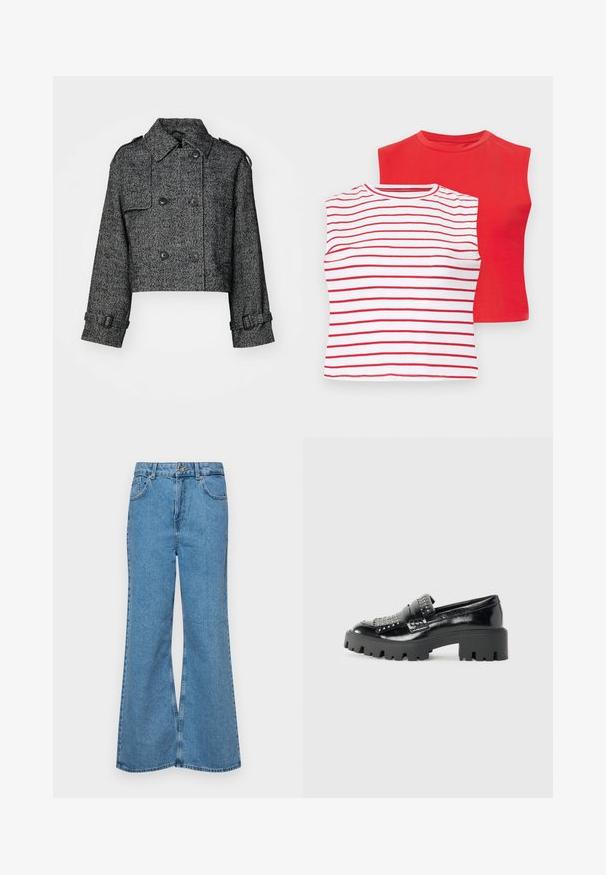 Strihnutý dvojradový blejzer v čiernej a šedej farbe s rybím chvostom, s veľkými gombíkmi, bočnými vreckami a nastaviteľnými manžetami.; Dve tričká s krátkym rukávom: jedno v červenej jednofarbenej farbe a druhé biele s horizontálnymi červenými pruhmi. Obe majú okrúhle výstrihy a mäkkú bavlnenú textúru.; Svetlomodré rozšírené džínsy vyrobené z denimu, s vysokým pásom, piatimi vreckami a jednopoložkovým zapínaním na gombík. Mäkká textúra s vyblednutým povrchom.; Čierne lakované kožené mokasíny s robustnou čiernou platformou, ozdobené kovovými nitmi na priehlavku a s okrúhlym špičkovým dizajnom.