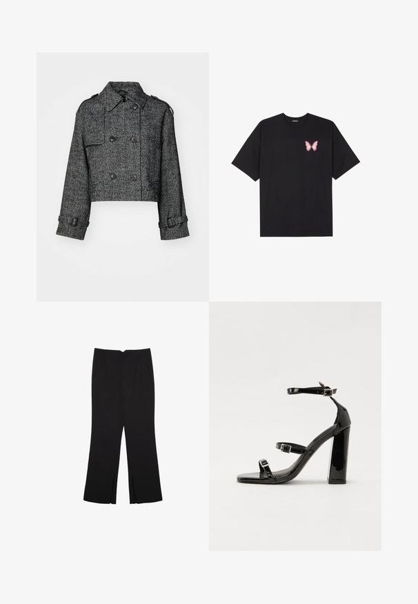 Skrajšano dvoredno srajco v črni in sivi ribji kost podobi, z velikimi gumbi, stranskimi žepi in nastavljivimi zapestji.; Črna bombažna majica s kratkimi rokavi, ki ima majhen roza metuljček na levi strani prsnega dela. Majica s krožnim ovratnikom in sproščenim krojem.; Črne hlače ravnega kroja z naglavnimi žepi in stranskimi razporki na robu. Narejene iz mehke, gladke tkanine. Primerne za različne priložnosti.; Črne lakirane sandale s peto, kvadratnim prstom, trakovi okrog gležnja in srebrnimi zaponkami. Opremljene so s stabilno Debelo peto.