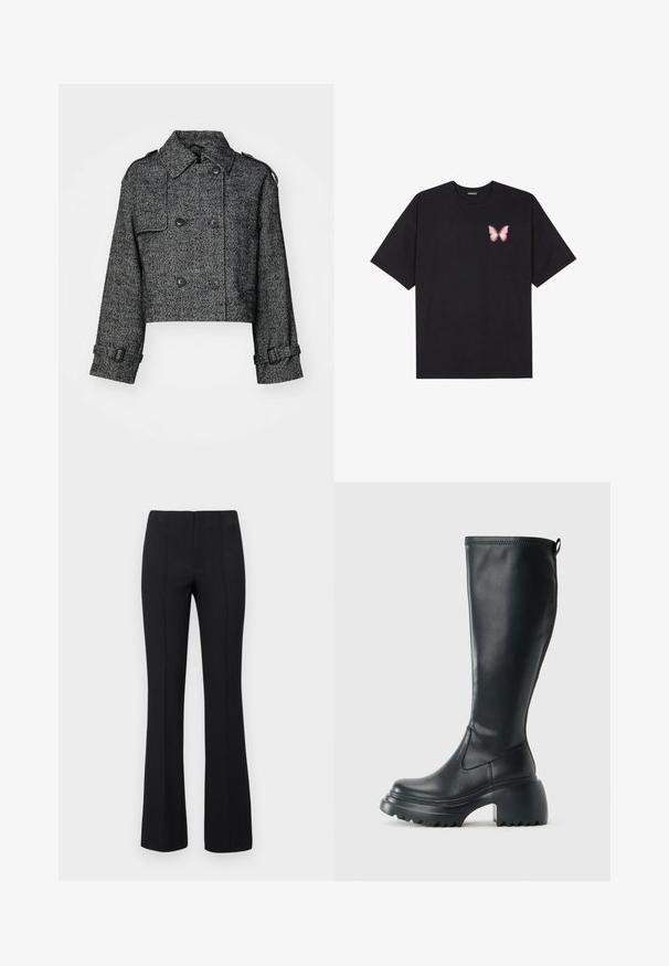 Skraćeni sako s dvostrukim kopčanjem u crnoj i sivoj jastučićastoj uzorak, s velikim gumbima, bočnim džepovima i podesivim manžetama.; Crna pamučna majica s kratkim rukavima, s malim grafičkim prikazom ružičaste vjetricaste s desne strane na prsima. Dizajn s okruglim izrezom i opuštenim krojem.; Crne široke hlače s rebrastom teksturom i prilagođenim strukom. Dizajn sadrži vertikalne šavove za izgled koji se lijepo oblikuje. Nema vidljivih dijelova od hardvera.; Visoke crne kožne čizme s debelim platformskim đonom i blok petom, s patentom za povlačenje i teksturiranim uzorkom na potplatu.